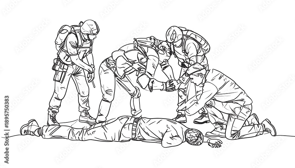 Obraz premium Line drawing of soldiers providing first aid to a fallen comrade