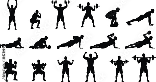 Set of male gym fitness silhouettes, men training with dumbbells and barbells, bodybuilding workout poses, athletic exercise icons, vector illustration, sports, health.