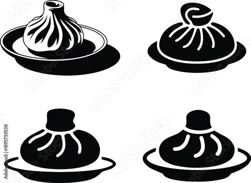 Set of Minimalist black traditional Chinese dumpling gyoza dim sum silhouette vector icon