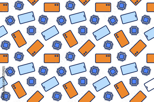 Seamless mobile technology pattern with smartphone tablet and microchip processor elements. Vector electronics background for digital gadgets hardware shop and tech repair service designs