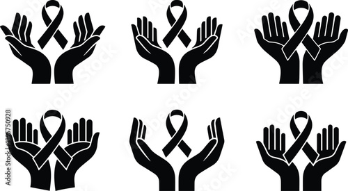 Set of Minimalist black two hands holding an awareness ribbon supportive pose silhouette vector icon