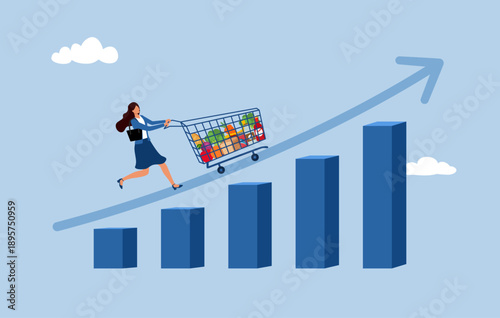 Food price inflation, grocery price rising up, food or economic crisis that causes food prices rising up. Businesswoman push shopping carts filled with food items up the price chart