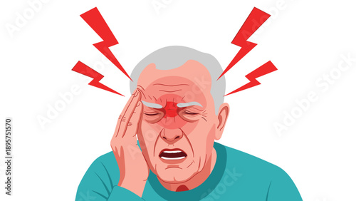Senior man clenches his eyes and holds his head in pain representing a severe headache or migraine with lightning symbols.