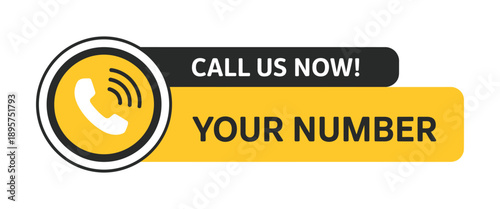 Call us now vector illustration, phone icon for contact details, black and yellow button design.