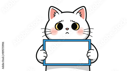 Pensive white cat with large eyes and a sad expression holds a blank whiteboard frame for a message or apology.