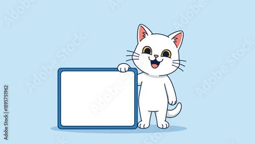 Happy white cat stands next to a large blank whiteboard frame with a blue border against a soft blue background.