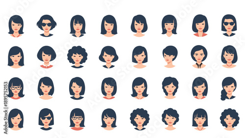Extensive grid of female avatars showcases a wide variety of facial features, hairstyles, and accessories in flat design.