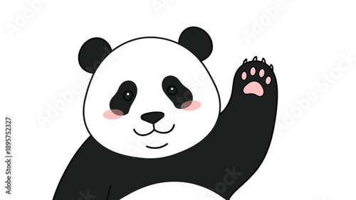 Friendly cartoon giant panda with black patches around its eyes waves its paw in a warm hello greeting gesture.