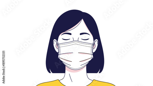 Portrait of a young woman wearing a white medical face mask with her eyes closed in a moment of rest or prayer.