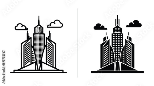 Modern city skyline with skyscrapers and clouds