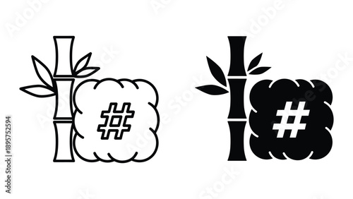 Bamboo and hashtag symbol in cloud shape icon set