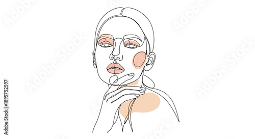 Minimalist continuous line drawing of a womans face with soft blush accents.