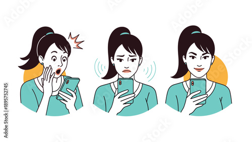 Young woman showing different emotional expressions of surprise sadness and joy while holding a smartphone device.