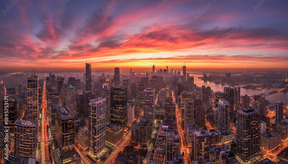 Fototapeta premium Panoramic cityscape captures stunning sunset over bustling metropolis