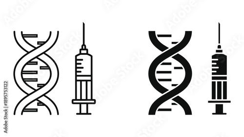 Dna structure and syringe icon set in black and white