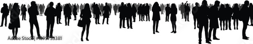 Wide panoramic crowd of standing people silhouettes illustrating anonymous society, public space interaction, urban population density, and social diversity