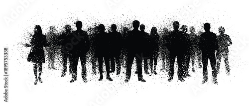 Abstract crowd silhouettes dissolving into particles symbolizing anonymity, social dynamics, human connection, urban society, and collective movement