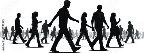 Urban crowd silhouettes walking in different directions representing modern society movement, diversity, anonymity, daily city life