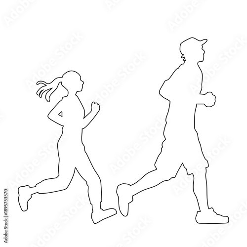 楽しく走る２人のランナーの線画ベクターイラスト