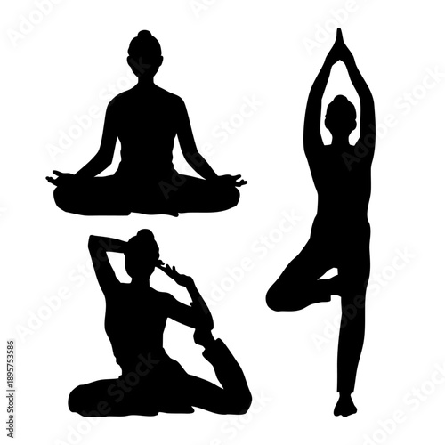 ヨガのポーズをする女性のシルエットのベクターイラストセット