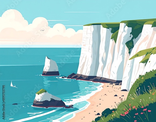 Coastal scene shows white cliffs bordering a beach meeting the ocean, with clouds and a sailing ship