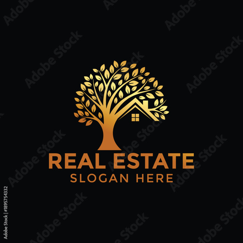 Elegant Gold Tree of Life Logo with House for Real Estate