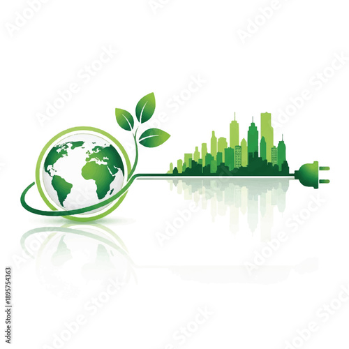 Connecting Green Globe and Vine to Cityscape in a Sustainable Urban Illustration