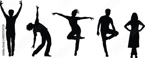 Set of people silhouettes dancing and posing in energetic movements, active group of diverse men and women performing expressive dance, isolated vector illustration,