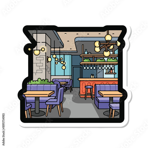 A cartoonish restaurant interior with tables, chairs, and a bar