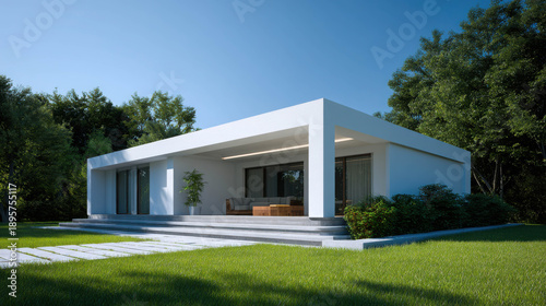 Modern Geometric House Exterior Surrounded by Lush Greenery with Crisp Lines and Bright Sunlight on Clear Blue Sky in High Resolution
