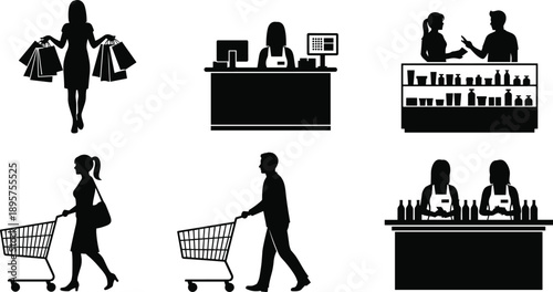 Set of retail shopping silhouettes featuring customers with bags and carts, cashier at checkout counter, and shop assistants, black vector illustration, isolated elements