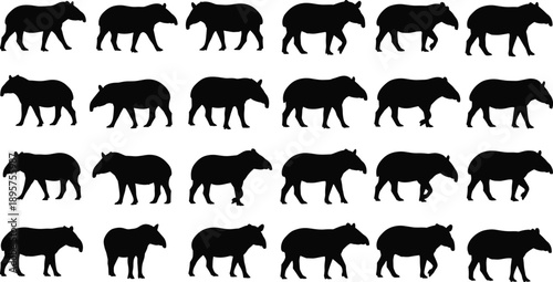 Black and white tapir silhouette icon set featuring walking wildlife animals in various side view poses for nature design use