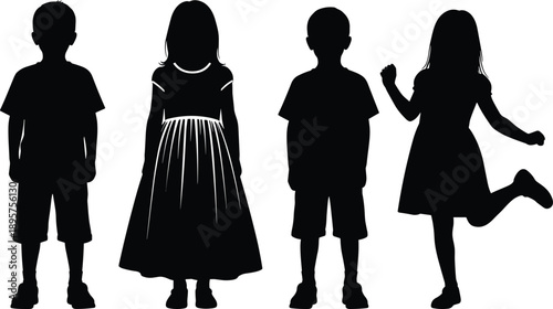 Black silhouettes of boys and girls children standing and playing together, minimal child figures isolated on white background illustration