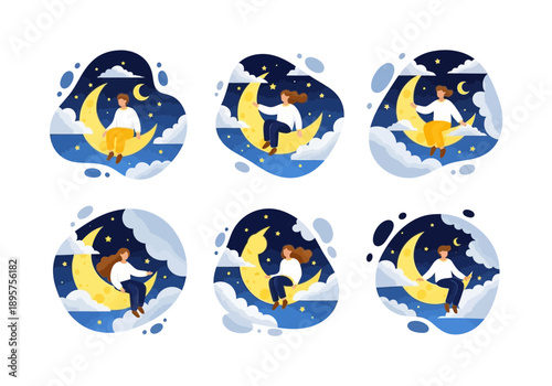 Set of illustrations people sitting on crescent moon under night sky stars