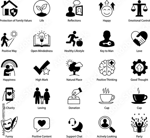 Vector illustration of human values icon set with 30 black line symbols for emotional, social, and lifestyle concepts