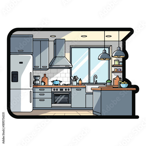 A cartoon-style kitchen with modern appliances