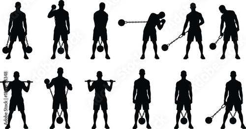 Fitness workout silhouettes of man training with kettlebell and weight chain, strength exercise vector illustration set isolated on white background