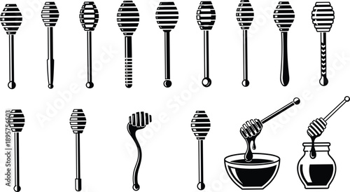 Honey dipper silhouettes set with dripping honey sticks, bowl and jar icons, black vector collection isolated on white background