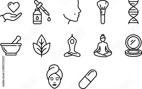Wellness and beauty icon set with 12 black line symbols for skincare, health, and holistic lifestyle design content