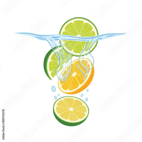 A colorful illustration of citrus slices splashing into water