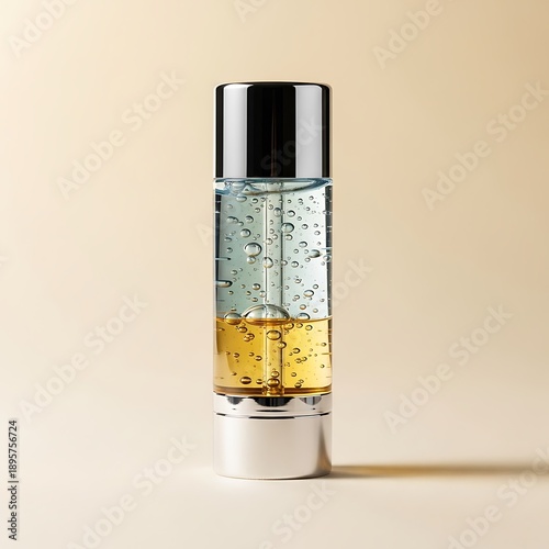 High-End Biphasic Facial Serum or Toner Bottle with Oil Droplets | Luxurious Skincare Product Photography