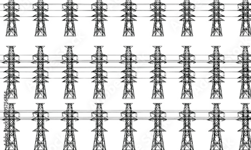 High voltage power transmission tower silhouettes pattern, electric grid infrastructure pylons with overhead lines, industrial energy vector illustration isolated