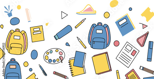 Education themed vector pattern with school supplies doodle icons for classroom learning and student materials design