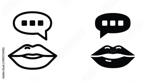 Conversation and lips icon set in black and white