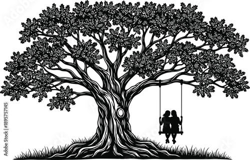 Romantic silhouette of couple sitting on swing under large tree, love and nature concept illustration isolated on white background