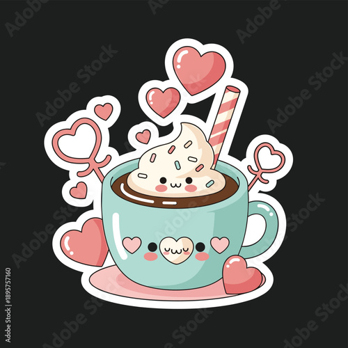 Cartoon cute cartoon hot chocolate mug with marshmallow and hearts on a black background for valentine's day