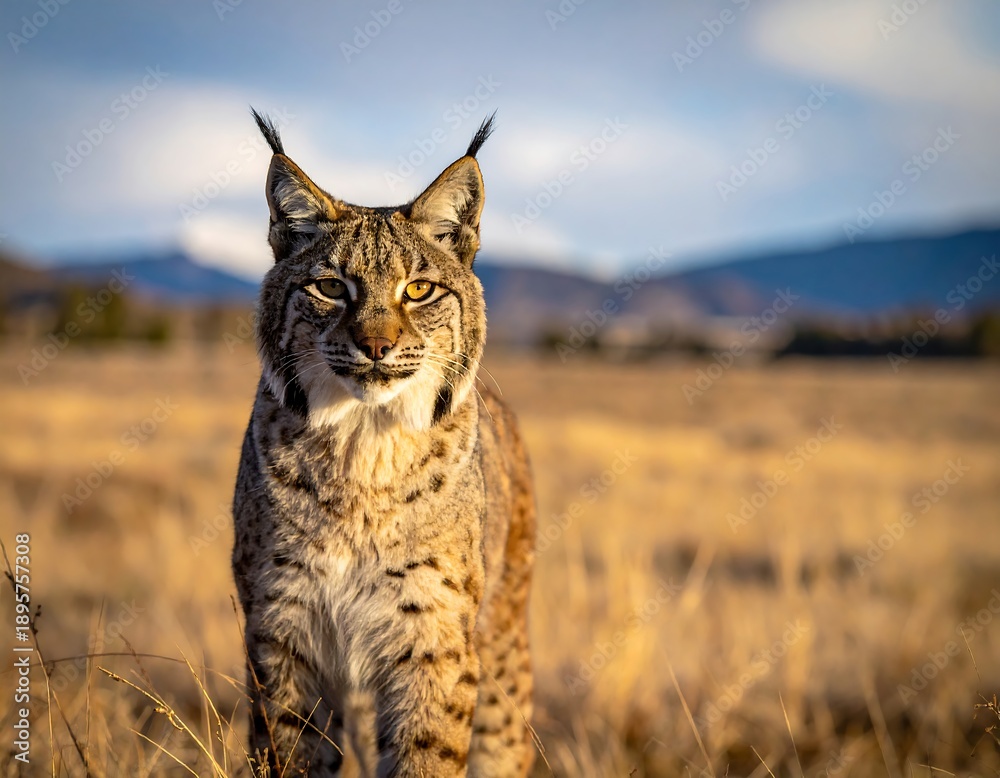 Obraz premium Majestic lynx stands tall against a backdrop of golden grass and distant mountains
