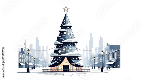 A large Christmas tree stands in the city square with a star on top and snow all around in a winter scene viewed from the front.
