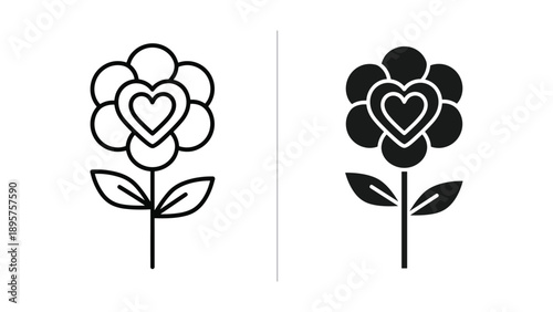 Simple black line art flower with heart center