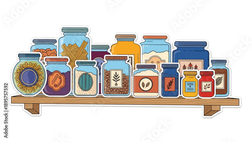 Assorted food jars neatly arranged on a wooden shelf, showcasing various preserved delights from a top-down viewpoint.